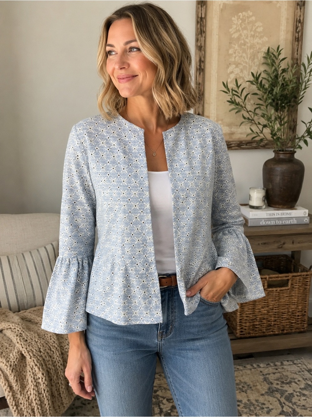 Zara Blue Eyelet Embroidered Bell Sleeve Open Front Jacket XS